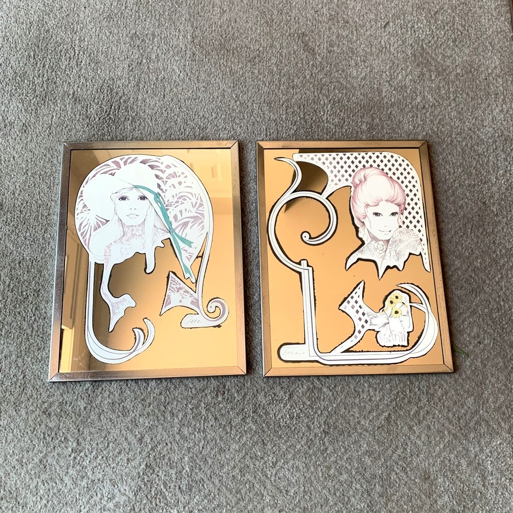 Vintage 1970 Signed William Tara MCM Mid Century Modern Mirror Wall Art Lot of 2